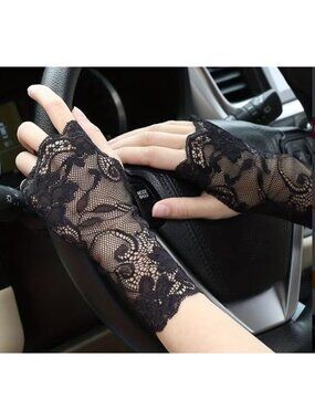 Black Lace Fingerless Gloves Sheer Floral Mesh Elegant Wrist Gloves Gothic NWOT